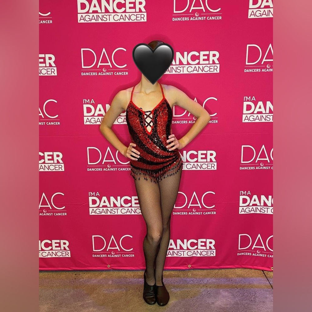 Glamour red/black heavily stoned costume, size SA small adult